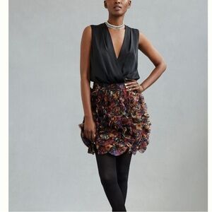 Anthropologie Geisha Designs Paras and Shalini Ruffled Mini Skirt 6 Black Motif
